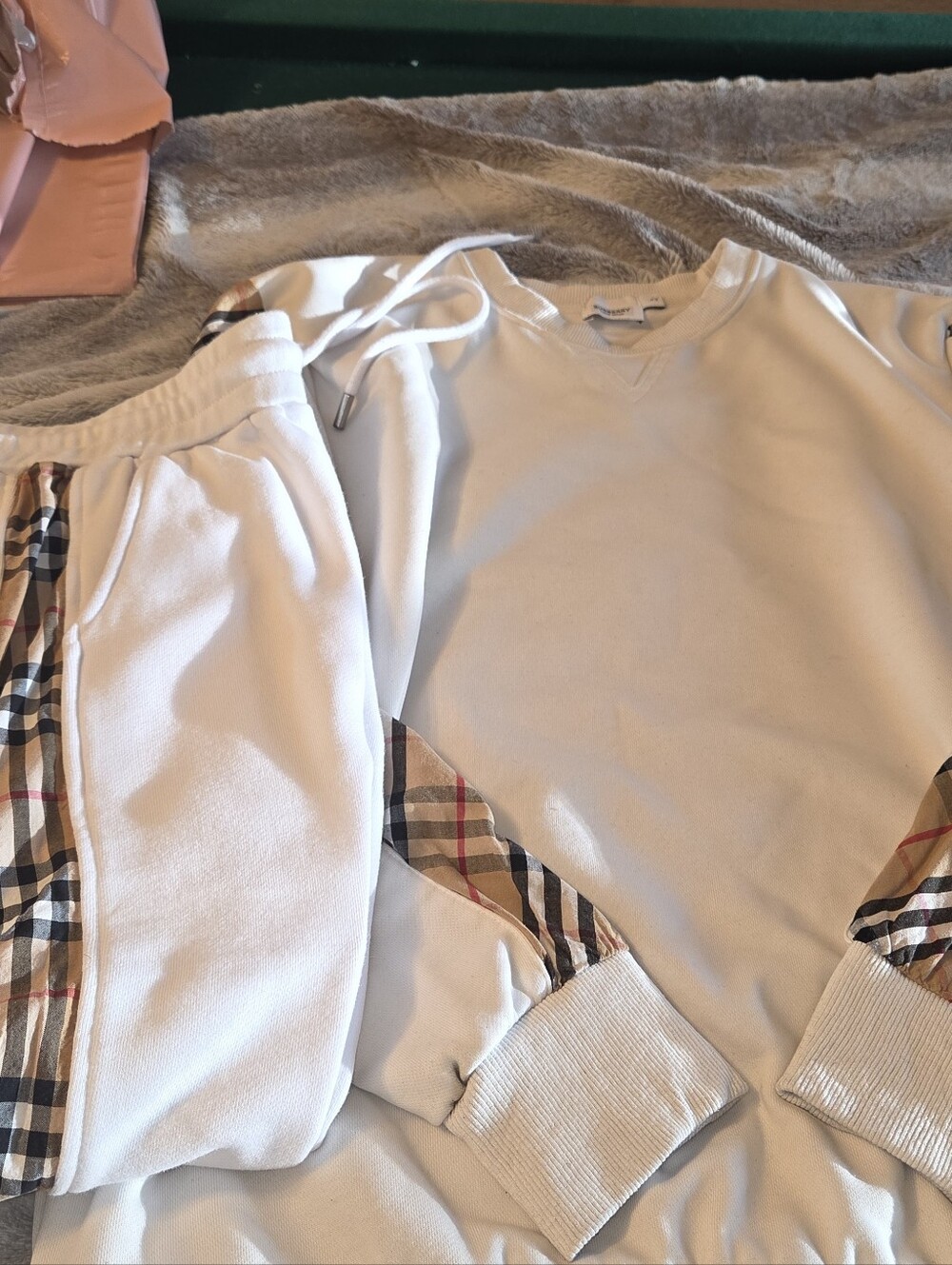 TB Cream Pullover Sweatshirt and Knee Length Joggers Set with Plaid Trim